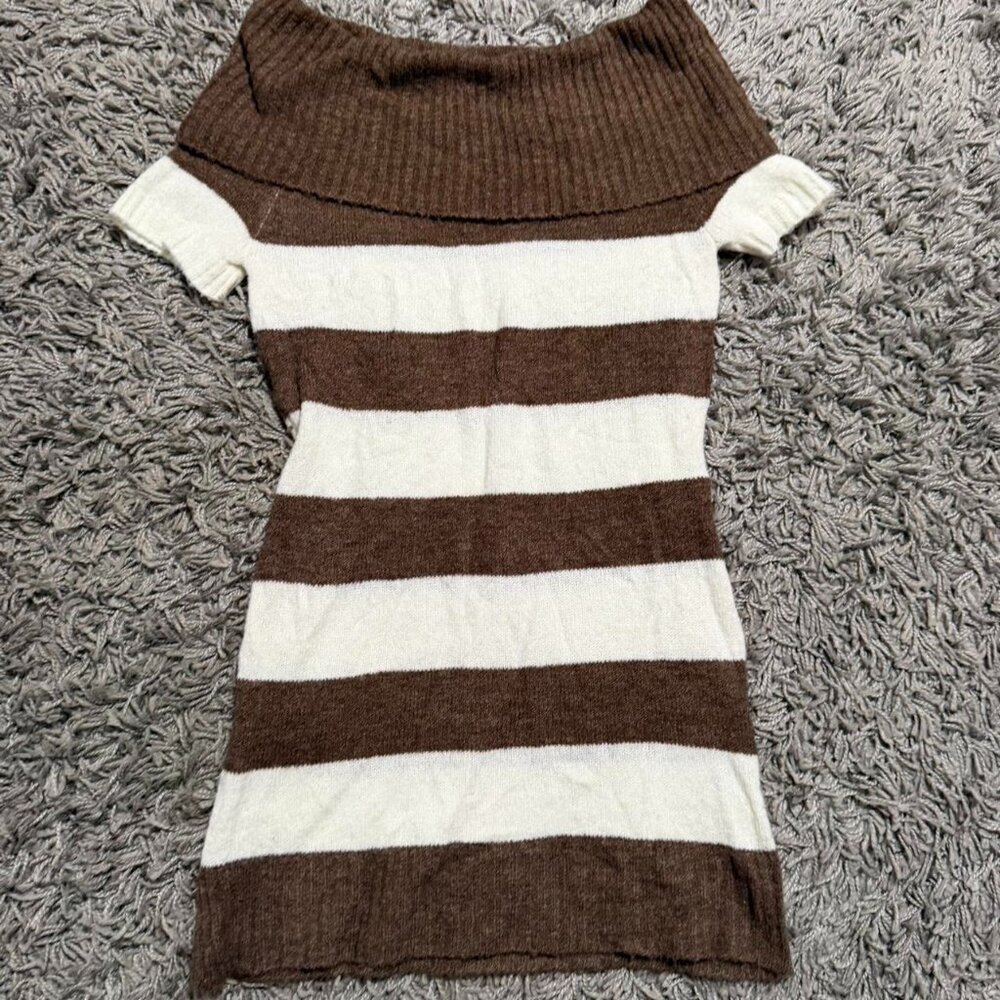 2000s Bella Swan Core Brown and White Stripped Knit Mini Dress Size L